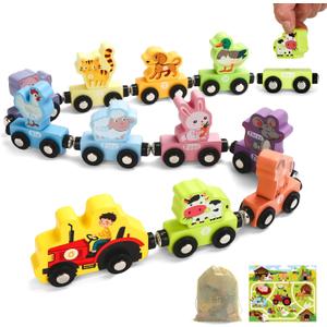TenFans Montessori Toys, Magnetic Wooden Animal Train Set for Toddlers, 11 Pieces, Educational Preschool Learning Toys, Birthday Gifts for Boys & Girls