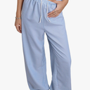 Women's Striped Print Straight Wide Leg Linen Pants Drawstring Waist Slant Pockets Pants Casual Long Pants Small