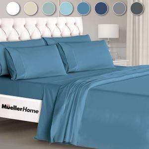 Mueller Luxury 6 Piece Queen Sheet Set - Ultra-Soft 1800 Series, Cooling & Breathable Hotel Quality Bed Sheets, Deep Pocket up to 16" - Hypoallergenic, Wrinkle-Resistant, Oeko-TEX, Denim (Queen, Denim)
