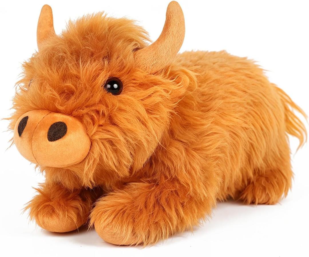TICHA 22- Cow Christmas Highland Cow Stuffed Animal Plush Toy, Soft Fluffy Scottish Cattle Plush Pillow, Realistic Highland Cow Decor, Home Decor, Couch Pillow (Lying Pose)