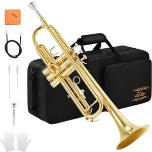 Eastar Bb Standard Trumpet Set for Beginner, Brass Student Trumpet Instrument with Hard Case, Cleaning Kit, 7C Mouthpiece and Gloves, ETR-380, Golden