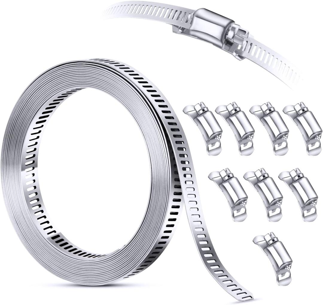 304 Stainless Steel Hose Clamp Assortment Kit DIY, Cut-To-Fit 12 FT Metal Strap+8 Stronger Fasteners,Large Adjustable Worm Gear Band Hose Clamps Screw Clamps Duct Pipe Metal Clamp Strapping