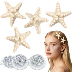 Sightor 4PCS Starfish Hair Clips, Mermaid Hair Accessories With 2PCS Face Body Glitter Gel, Women Beach Sea Star Hair Clip for Halloween Mermaid Cosplay (Cream)