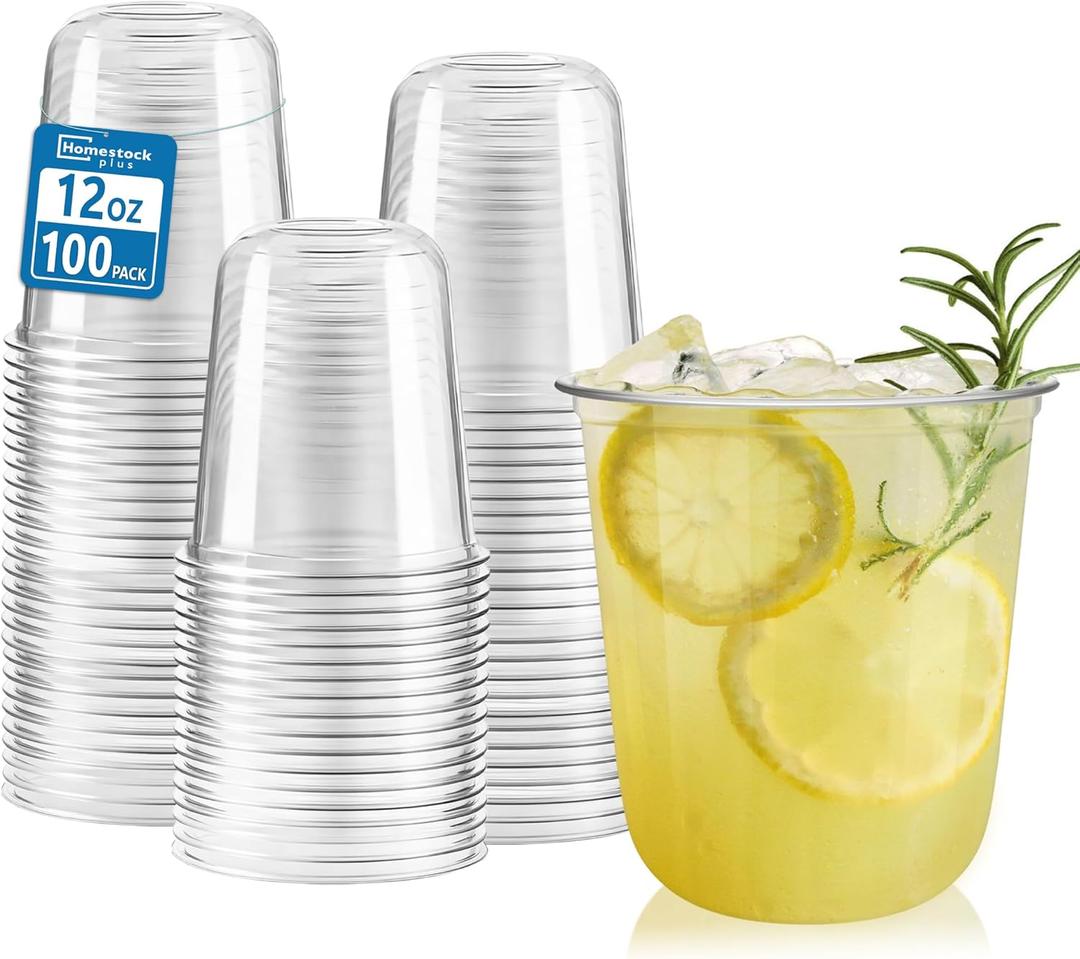 Homestockplus 12 oz Clear Plastic Cups 100 Pack - BPA-Free Stemless Disposable Wine Glasses, Open-Top Drink Cups for Iced Coffee, Wine, Cocktails, Halloween, Thanksgiving & Party Supplies
