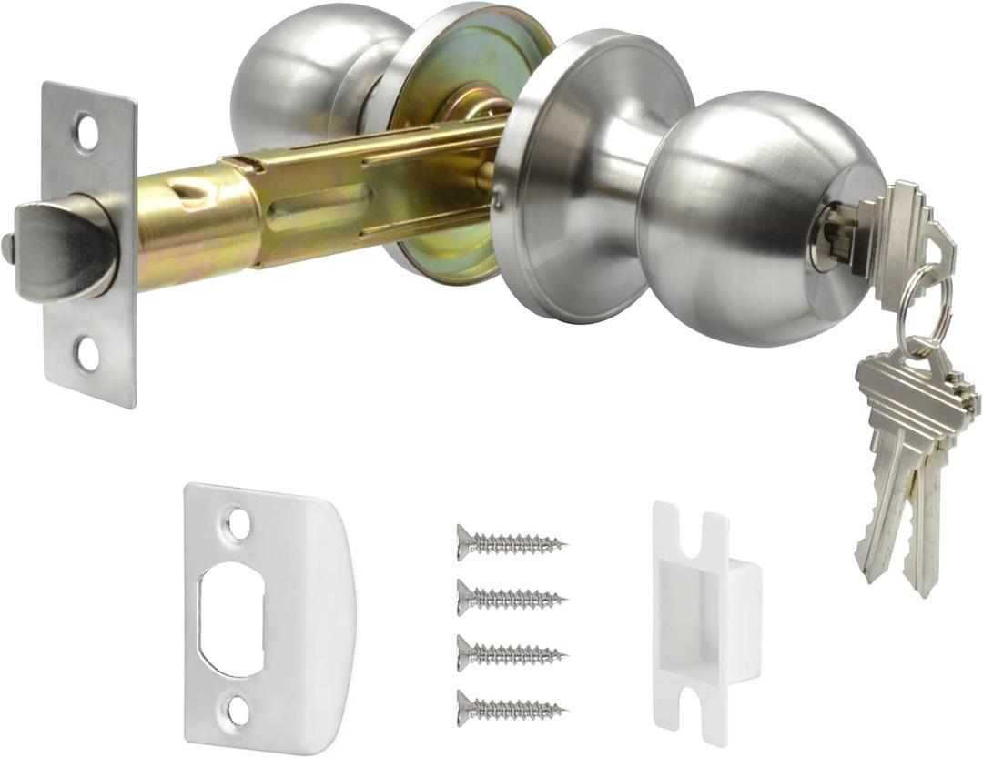 5" Backset Latch Keyed Entry Door Knob with Lock and Key, Standard Square Interface Entrance Ball Doors Knobset Lockset, Satin Nickel