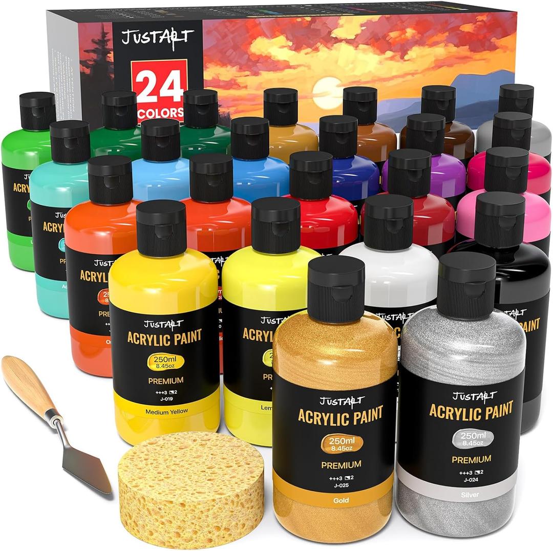 JusArt 24 Colors Acrylic Paint Set, Including Gold and Silver, 8.45oz(250ml) Large Bottles Adult Artist Paints for Canvas, Crafts, Mural, Rocks, Clay, Fabric, Wood