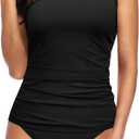 Two Piece Tankini Bathing Suit One Shoulder Swimsuit for Women Tummy Control Swimwear (Large, Black)