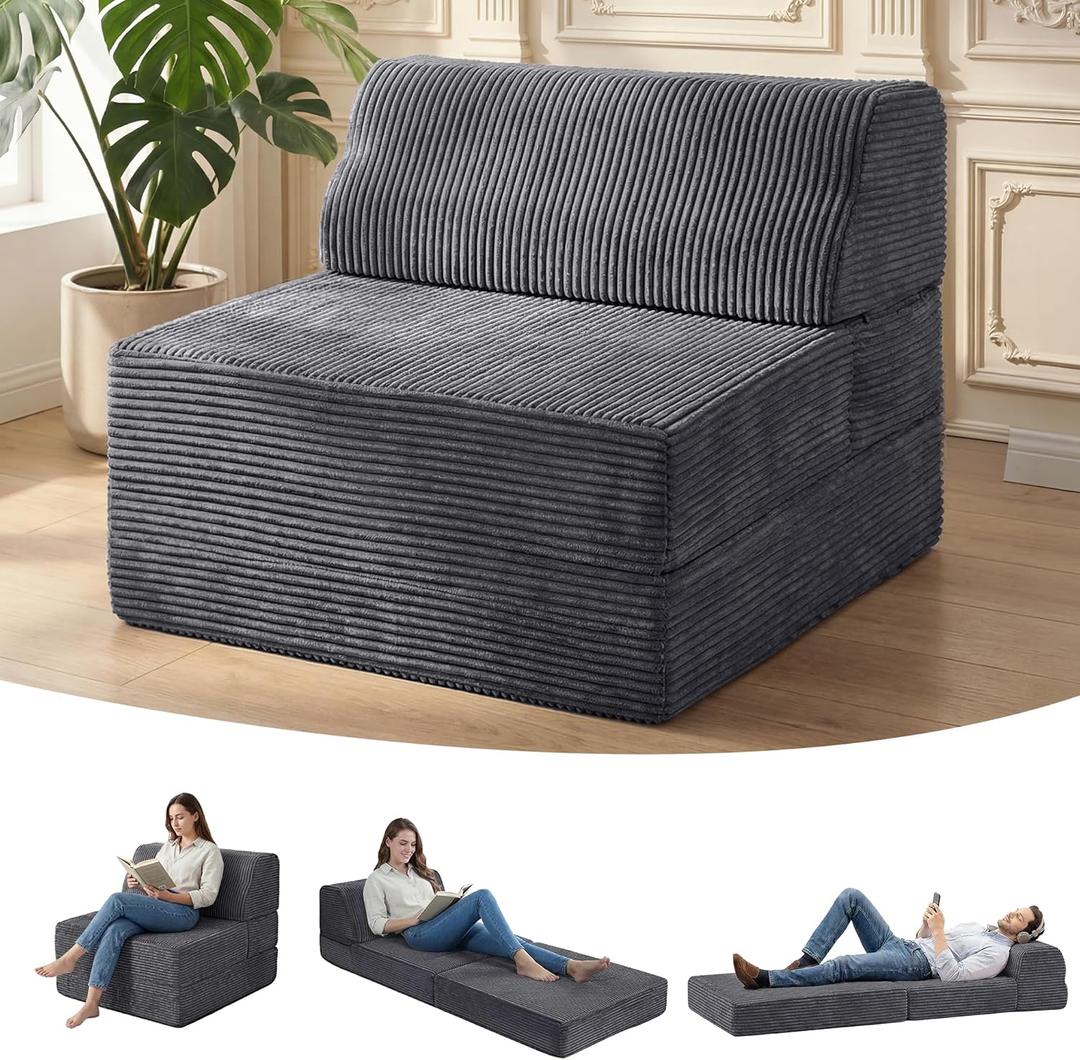 Kasunpul Folding Sofa Bed with Pillow, Memory Foam Fold Out Chair Bed, Convertible Sleeper Chair with Washable Cover, Futon Floor Couch for Living Room/Dorm/Guest Use/Home Office/Apartment, Gray (Grey)