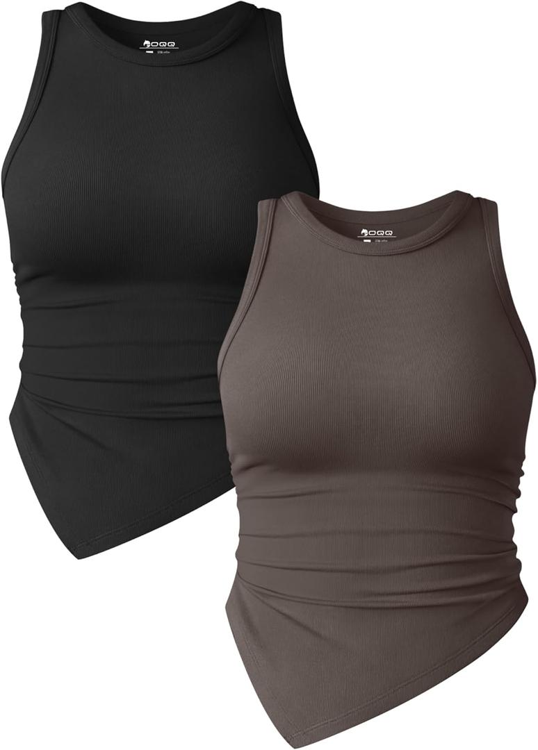OQQ Women's 2 Piece Tank Tops Ruched Crew Neck Sleeveless Basic Stretch Tee Shirts (Black, Tea Leaf, S)