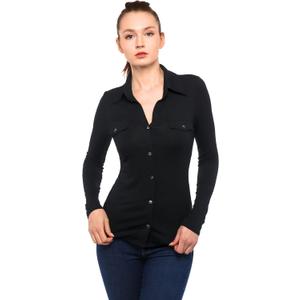 AmlieBoutik Women Collar Button Up Short/Long Sleeve Blouse Shirt (X-Large, Black)