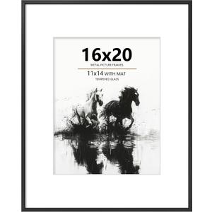 16x20 Frames Black, Aluminum Poster Frame with Real Glass, Display Photo 11x14 with Mat or 16 x 20 without, Modern Metal Picture Frames for Wall, Horizontal or Vertical Wall Mounting