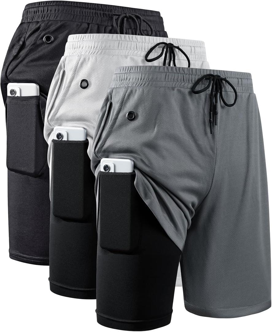 JWJ 3 Pack Men's 2 in 1 Workout Running Shorts 7 Inch Lightweight Athletic Gym Shorts with Compression Liner Black Dark Grey Light Grey L