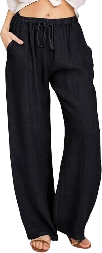 Chartou Linen Pants for Women Summer Casual High Waisted Drawstring White Beach Pant, XL