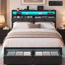 Queen Bed Frames with LED Lights and Charging Station, Platform Bed with Metal Slats, Wood Headboard with 2 Fabric Drawers and Storage Shelves, No Box Spring Needed