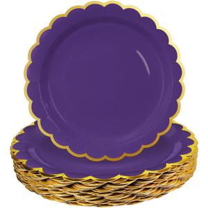 HEIPINIUYE 50 Pieces Purple Paper Plates with Gold Foil 7 Inch Disposable Purple Scalloped Dinner Plates for Wedding Baby Shower Birthday Party Dessert Plate