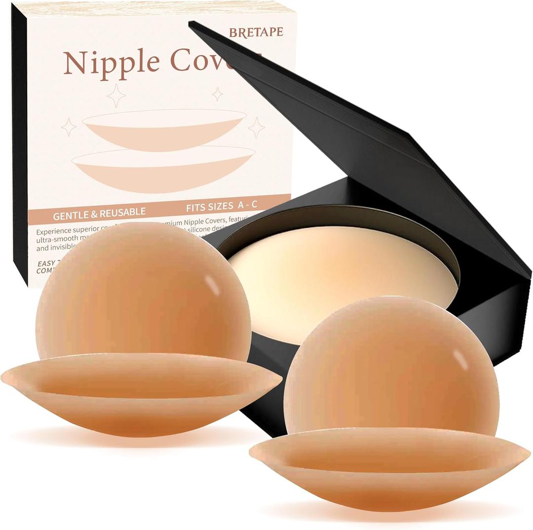 Nipple Covers for Women–2 Pairs Reusable Silicone Pasties, Adhesive&Waterproof, No Show Design with Travel Box (Beige)
