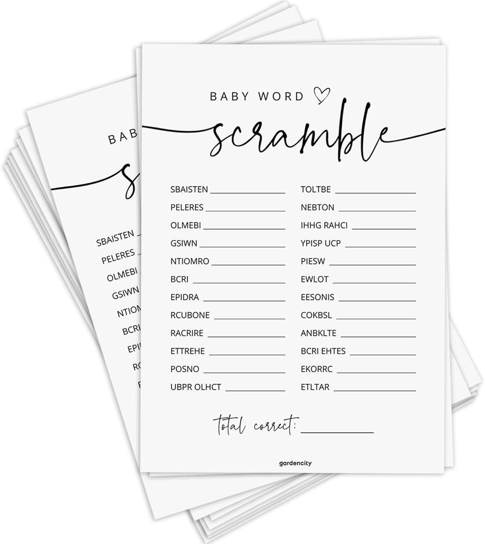 GardenCity 50 Baby Shower Word Scramble Game Cards, Fun Baby Shower Games for Boy or Girl, Gender Neutral - Minimalist