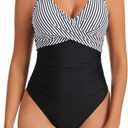 Womens One Piece Swimsuits Tummy Control Bathing Suit Slimming V Neck Front Cross Ruched Swimwear (Black)
