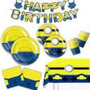 Cartoon Mini Jeans Birthday Supplies, Cute Funny Yellow Blue Happy Birthday Tableware for Kid, Party Decoration Supplies with Banner, Tablecloth, Plate, Paper Cup, Napkin
