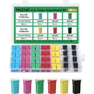 48Pcs Tall Profile Assortment Kit - Car Blade Fuses Tall Profile Box Shaped Fuses (20A, 30A, 40A, 50A, 60A, 80A) for Trucks, Cars and SUV, Boat