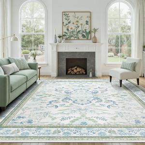 DCX Green 9x12 Rug, Kid & Pet Friendly with Rubber Back Non Slip, Machine Washable Stain Resistant Botanical Floral Rug for Living Room, Bedroom, Soft Low Pile Large Nursery Carpet