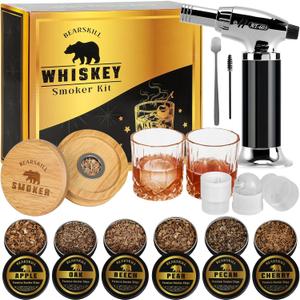 Whiskey Smoker Kit with Torch - 6 Natural Wood Chips Flavors, 2 Glasses, 2 Ice Molds - Cocktail Smoker Infuser Kit, Old Fashioned Smoker Kit, Birthday Bourbon Whiskey Gifts for Men, Dad(No Butane)