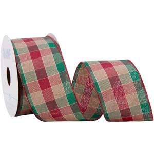 Burlap Plaid Wired Edge Ribbons 2.5" x 10 Yards, Buffalo Check Christmas Ribbon for Christmas Tree Decoration, Bow Making, Gift Wrapping, Wreath, DIY Craft, Farmhouse Home Deor, Red/Green/Beige