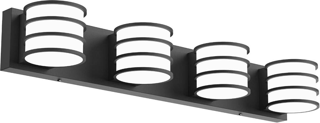 LED Bathroom Vanity Light - 28.4 Inch Black 4-Light Fixture with White Acrylic Shades, 6000K Cool White, Mirror Lighting for Bathroom, Bedroom, Hallway, Living Room Wall Sconce