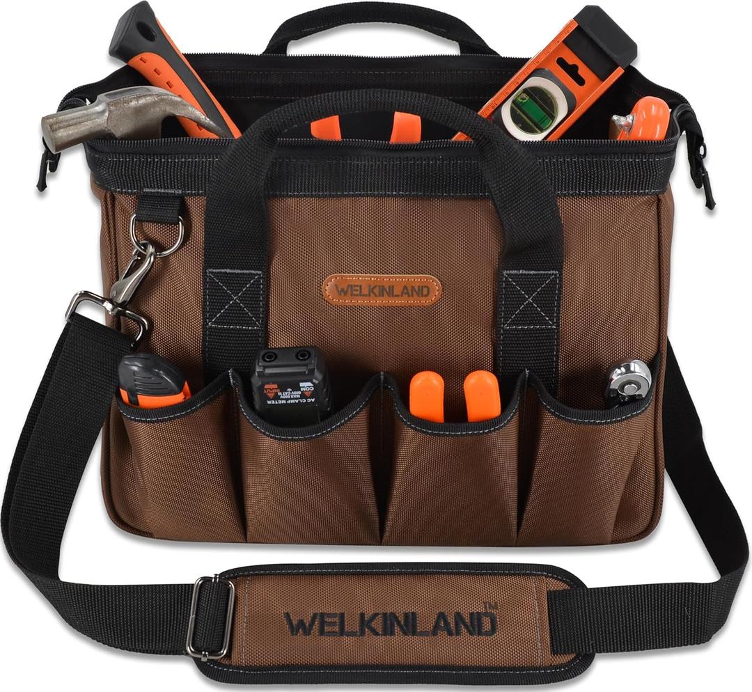 WELKINLAND 17-Pockets Electrician Tool Bag, 14" Portable tool bag, Brown heavy-duty tools bags for men, Mechanics tools bag with shoulder strap