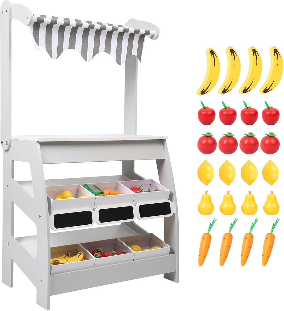 Wooden Market Stand Toy, Pretend Play Grocery Store Playset for Toddler, Fruit Vegetable Stand Selling Stall Shop with 24 PCS Food Accessories for Kids 3+
