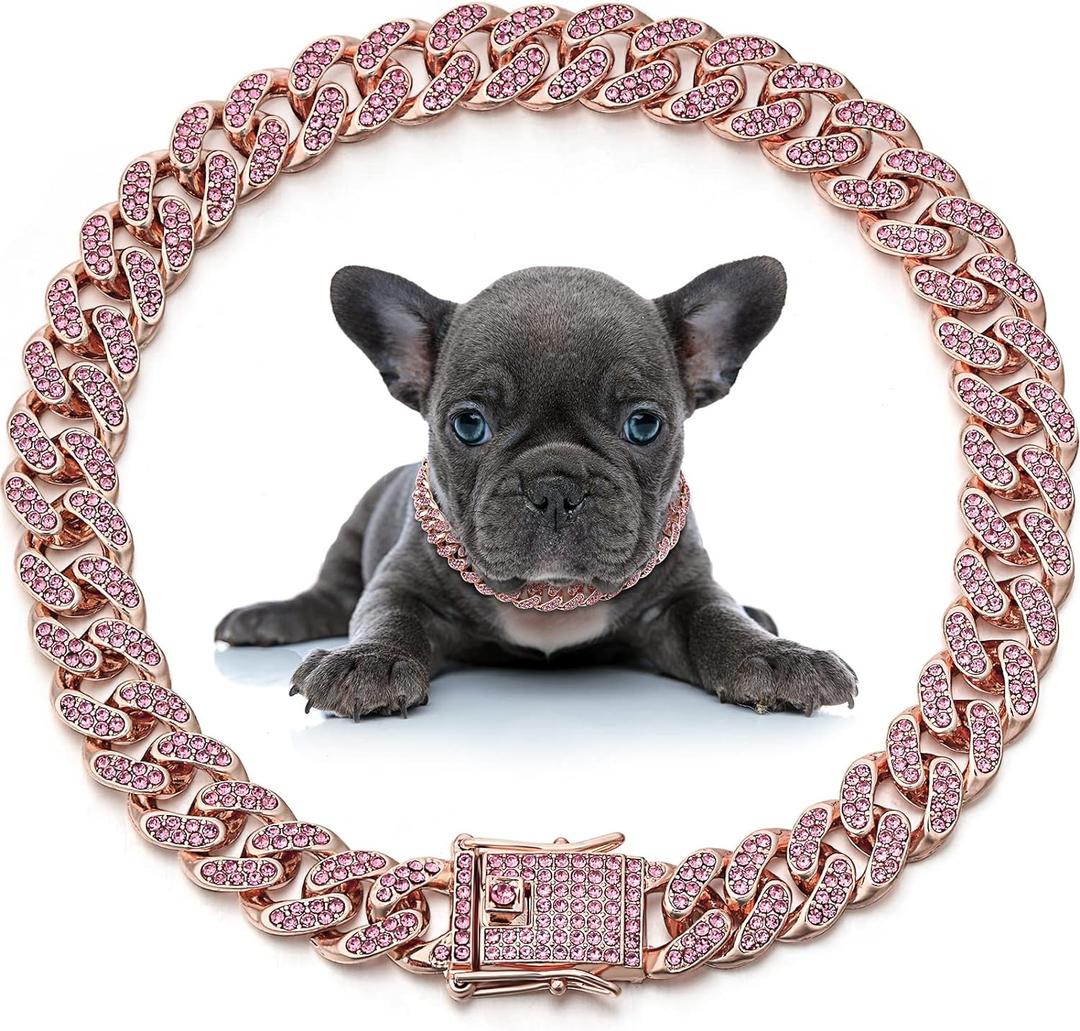 LEIFIDE Dog Chain Collar Diamond Link Puppy Collar 12 mm Wide Dog Necklace Metal Cat Chain Pet Crystal Necklace Jewelry Accessories for Small Medium Large Pet(14 Inch,Rose Gold, Pink)