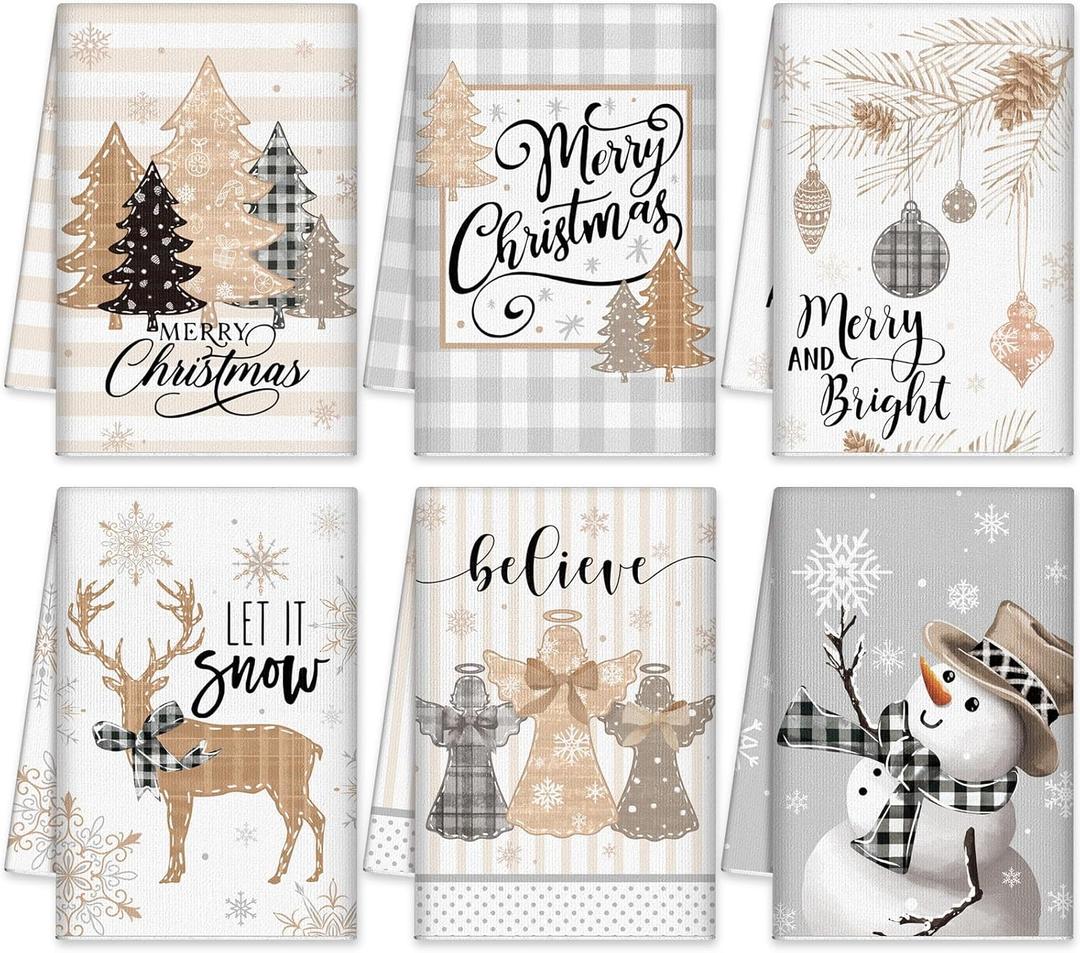 FuWeave 6 Pcs Christmas Kitchen Towels Farmhouse Winter Hand Towels 21.26 x 14.17 Inch Absorbent Snowman Dish Towels Decorative Beige Tea Towels Xmas Kitchen Dishcloths for Winter Kitchen Decor Gifts