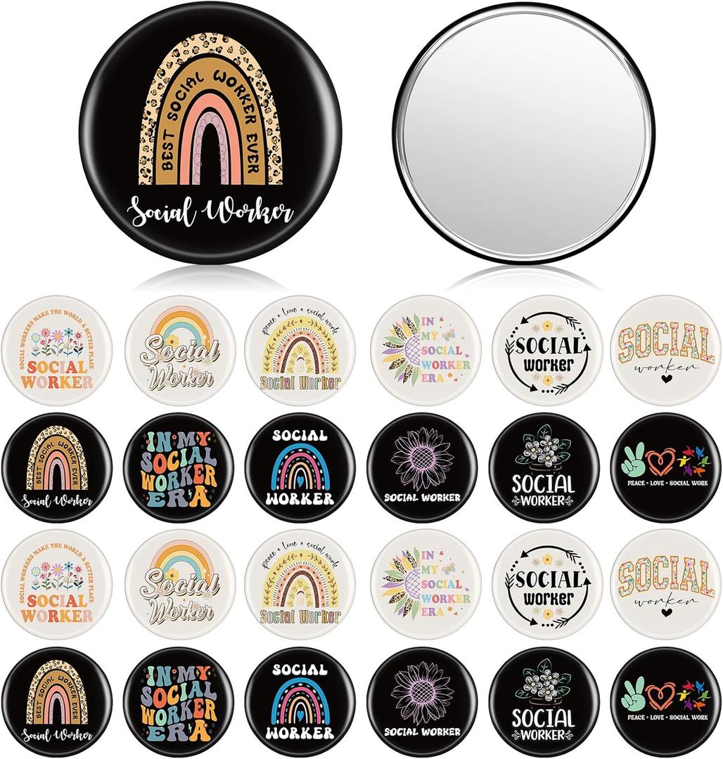 Chunful 24 Pcs Social Worker Appreciation Gifts Bulk for Women Inspirational Compact Mirror, Round Portable Pocket Mirror, Social Worker Gifts for Employee, Nurses, Teachers, Caregivers