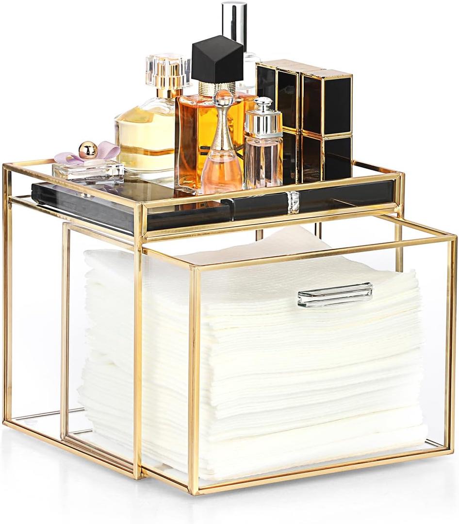 Sumnacon Disposable Face Towel Holder Glass Face Towel Storage Box with Drawer Compatible with Clean Skin Cluub Clean XL Makeup Box Organizer for Bathroom, Vanity Countertop