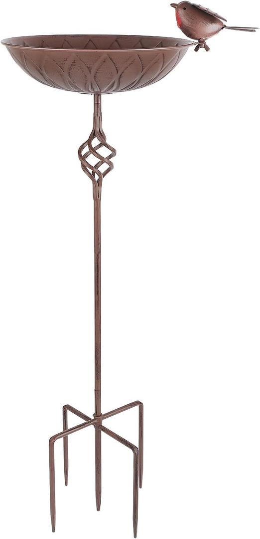 Metal Bird Bath for Outside, Hand-Painted Outdoor Birds Baths Water Bowl with Stake for Garden Patio Yard Lawn Decor, 27.6" H Bird Feeder with 5 Prongs Base, Vintage Freestanding Birdbaths & Birdfeeder (Rustic Brown)