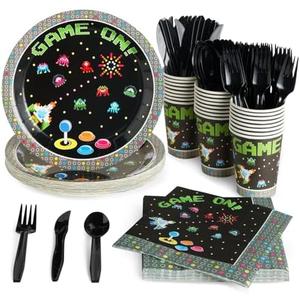 Juvale 144 Piece Retro Video Game Party Supplies Includes Plates, Napkins, Cups, and Cutlery for Arcade Birthday Party Decorations and Vintage Video Game Decor (Serves 24)
