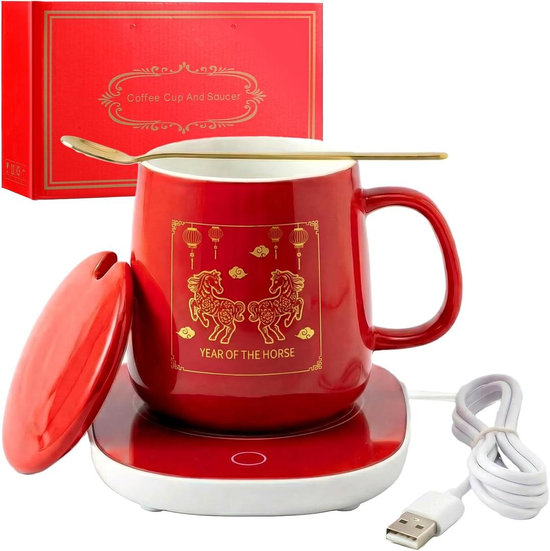 Chinese New Year Gift Mug Warmer Set 2026 Year of The Horse Chinese Red Electric Ceramic Coffee Cup for Desk Office Home Beverage Warmer with 2 Temperature Setting 8 Hours Auto Shut Off