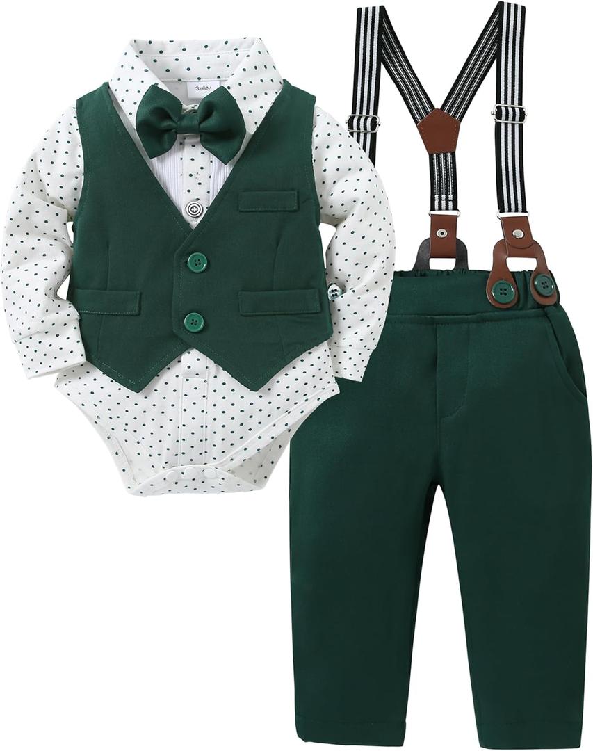 YUEMION Baby Boy Clothes Wedding Outfit Suits, 0-18 Months Infant Boy Gentleman Set, Dress Shirt+Vest+Suspender Pants+Bowtie
