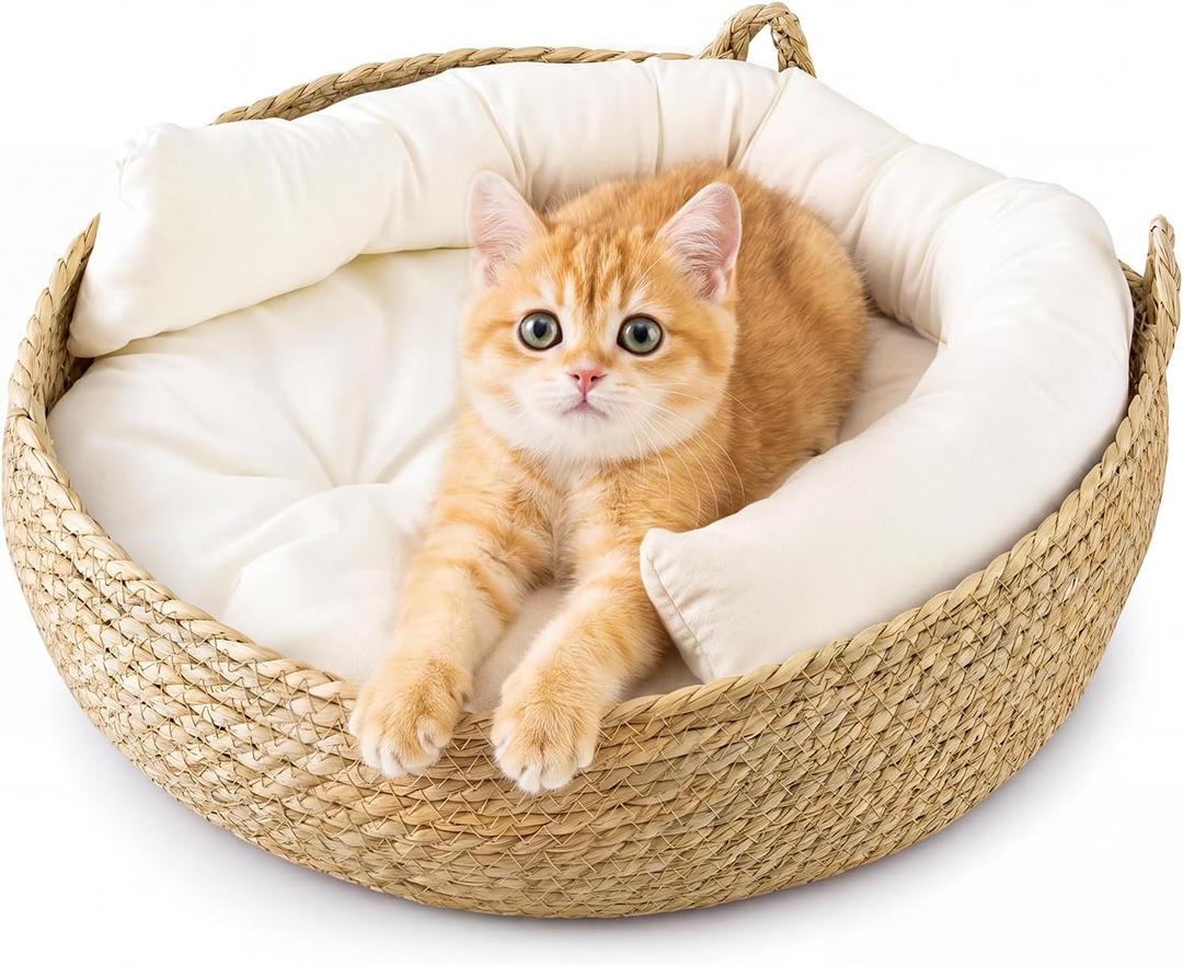 Briwooody 18" Extra Large Wicker Cat Bed with Cushion & Cooling Mat, Natural Woven Cat Basket Straw & Cattail Leaf Handmade Boho Pet House Breathable Summer Kitten Nest for Cats Small Dogs