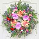 24 Inch Spring Wreath Artificial Wreaths for Front Door Summer Wreath with Dahlia Red Cardinals & Purple Berries, for Front Door Porch Window Farmhouse Year-Round Floral Decor Front Door Wreath