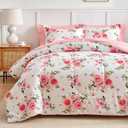 Flower Comforter Sheet Set White Bed in a Bag 7 Pieces Queen Size Dark Pink Floral Microfiber Bedding Set (1 Comforter 2 Pillow Shams 1 Pink Flat Sheet 1 Fitted Sheet 2 Pillowcases)