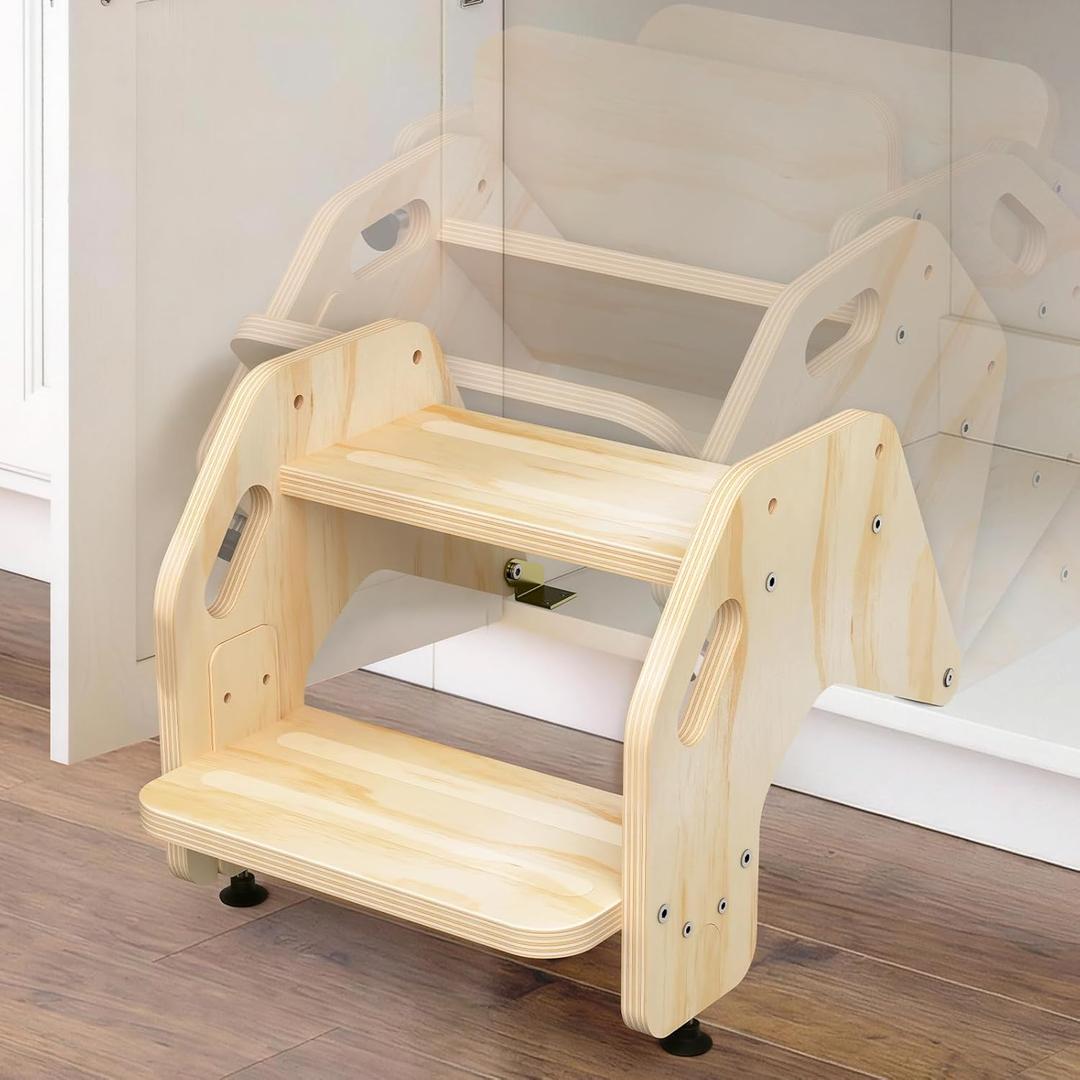 Hidden Toddler Step Stool, Height-Adjustable Kids 2-Step Stools, Wooden Step Stool for Toddlers for Bathroom Sink & Kitchen, Bathroom