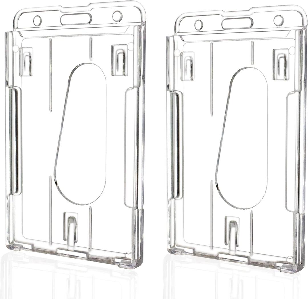 Teskyer Hard Plastic ID Badge Holder, Heavy Duty & High Clear PC Material, Holds 2 Cards, Suitable for Name Work IDs Credit Cards Access Cards, Vertical - 2 Pack