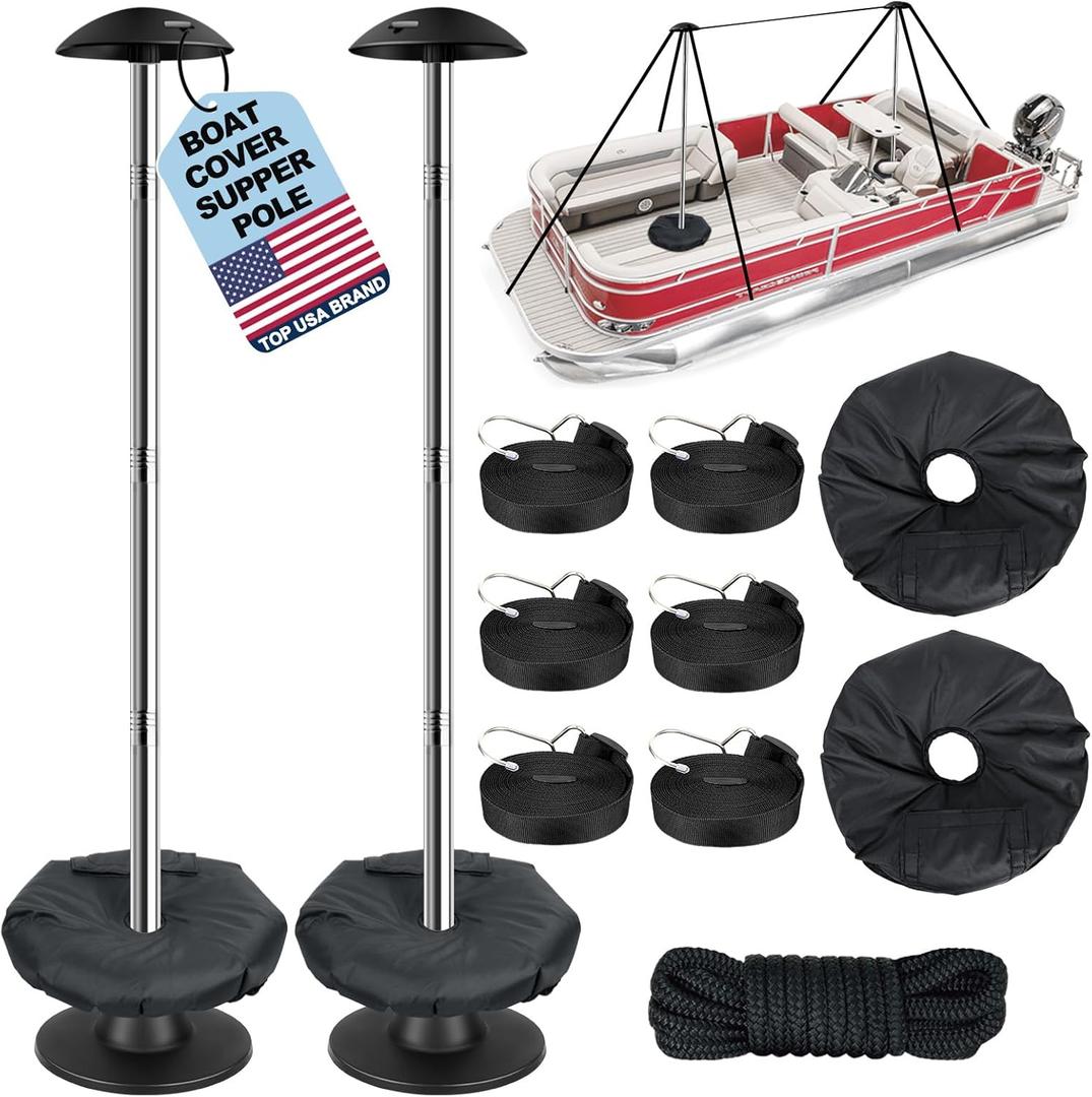 Pontoon Boat Cover Support Poles 2 Pack, Windproof Support PoleSectional Adjustable Stainless Steel Boat Cover Support Systems with Webbing Straps and Weight Bag (Height: 55.9)