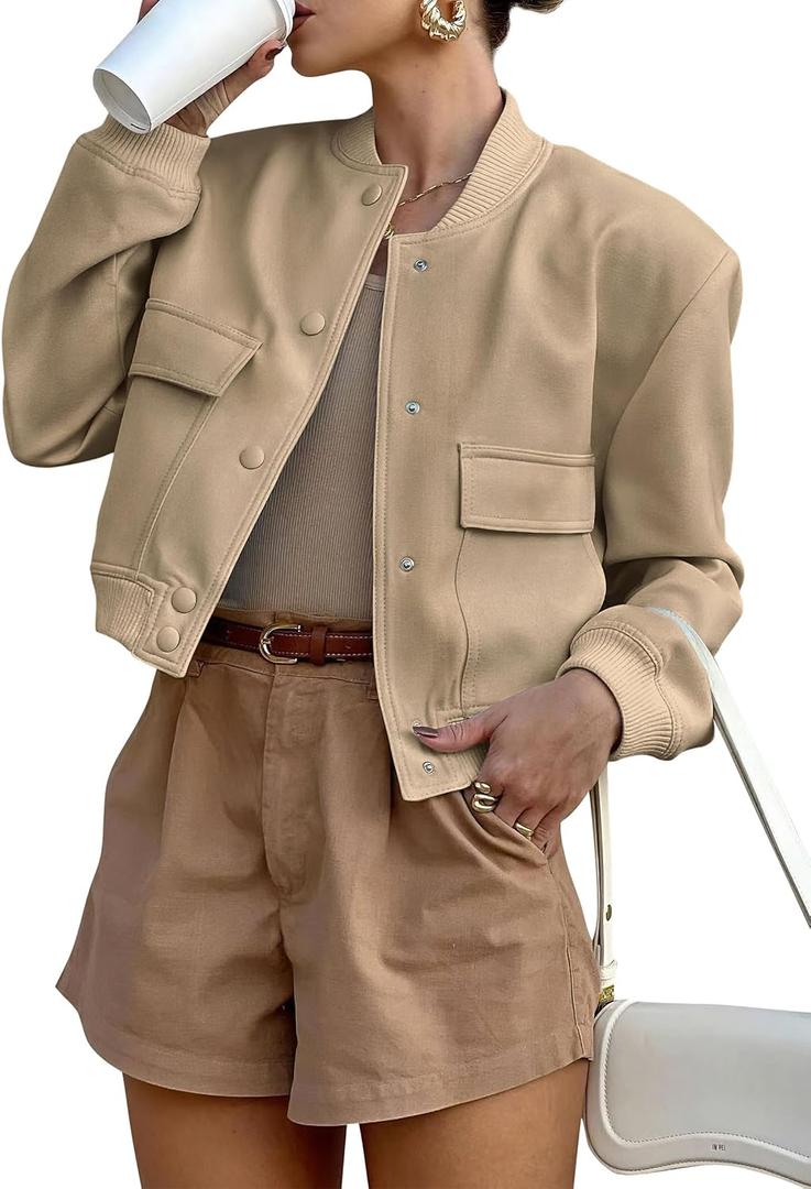 ANRABESS Womens Bomber Jacket Button Cropped Casual Varsity Jackets Shackets Fall Trendy Fashion Travel Outfits with Pockets Beige L