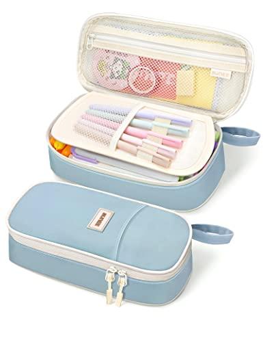 SUNEE Cute Pencil Case, Aesthetic Pen Pouch, Colored Large Pencil Bag with Zipper, Kawaii Stationery Storage and Organizer, School Supplies for Teen and Adult Girls, Blue