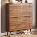 Nicetree Mid-Century Modern Slim Shoe Cabinet for Entryway, 9.5" Narrow Shoe Storage Cabinet with Architectural Arched Fluted Front, Entryway Shoe Storage with Adjustable Shelves,Classic Walnut, 9.5"D x 31.5"W x 36.3"H