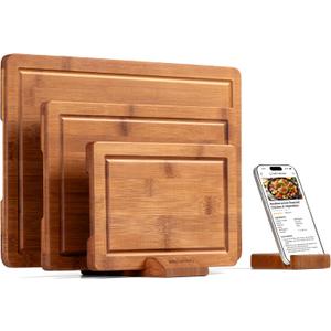 JINGNING Deep-Carbonized Bamboo Cutting Board Set for Kitchen with Wood Storage Stand, Deep Juice Grooves, Easy-Grip Handles & Non-Slip Pads, Premium Kitchen Gift