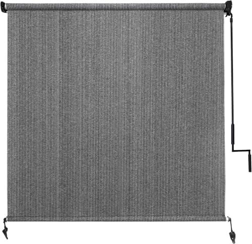 Sunocity Outdoor Roller Shade 5' W x 8' H Cordless - Two Pole Splicing Design Exterior Roll Up Blinds with One-Piece 90% UV Block Fabric for Patio, Backyard, Pergola & Balcony, Gray