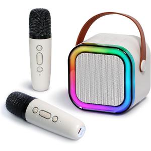 Mini Karaoke Machine for Kids with 2 Wireless Microphones and Lights, Bluetooth Connect Phone to Sing, 4-12+ Year Old Girl Boy Birthday Gifts, White